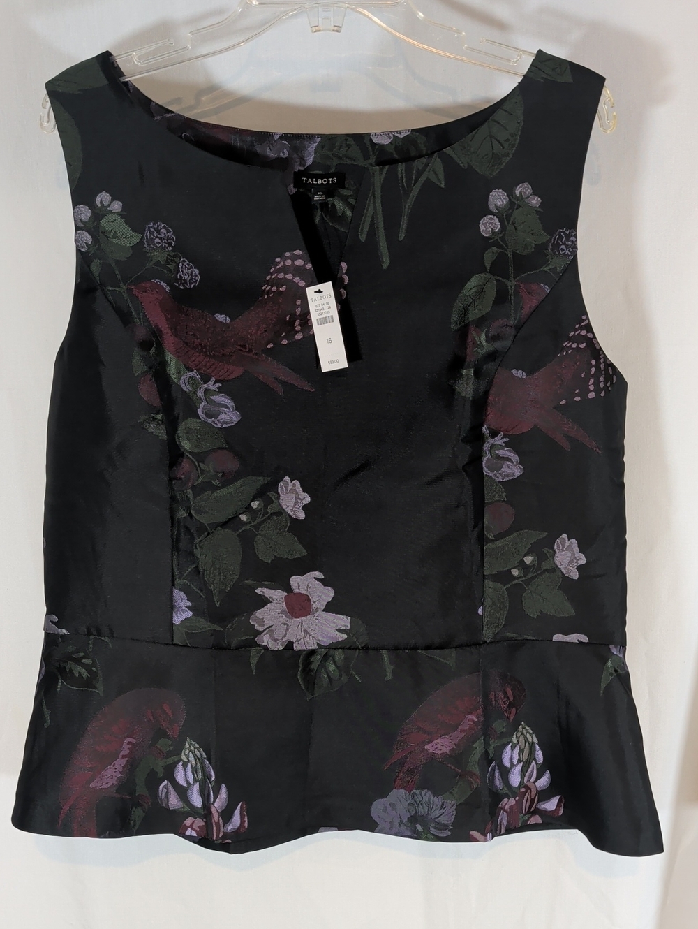 Talbots Black Floral & Bird Peplum Top